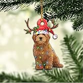 Talataca Goldendoodle Dog Wearing A Christmas Hat String Lights Groodle 2D Flat Car Rear View Mirror Accessories Christmas Tree Ornament Decoration Hanging Charm Interior Rearview Pendant Decor Gift