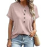 EADINVE Womens Tshirts Crew Neck Short Sleeve Summer Buttons Tops Casual Roll Sleeve Basic Tee Shirts Trendy Loose Fit