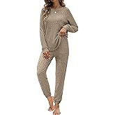 JUSTFASHIONNOW Womens Ribbed Knit Lounge Set 2 Piece Outfits Long Sleeve Pajama Set Loungewear Jogging Sweatsuits