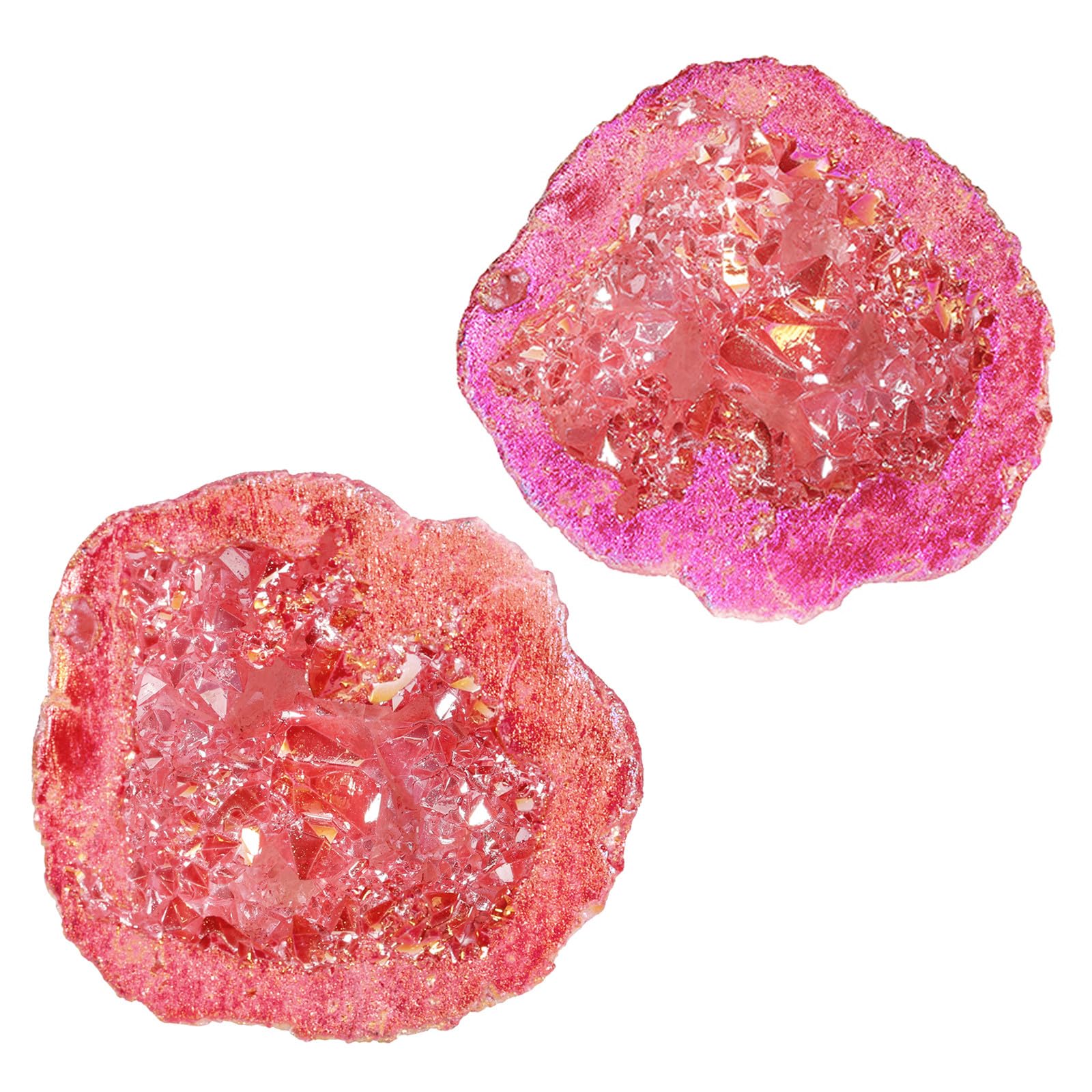 Nupuyai 2pcs Angel Aura Quartz Geode Stone, Titanium Coated Natural Rock Crystal Cluster Specimen for Reiki Healing Home Decor 10-35g, Red