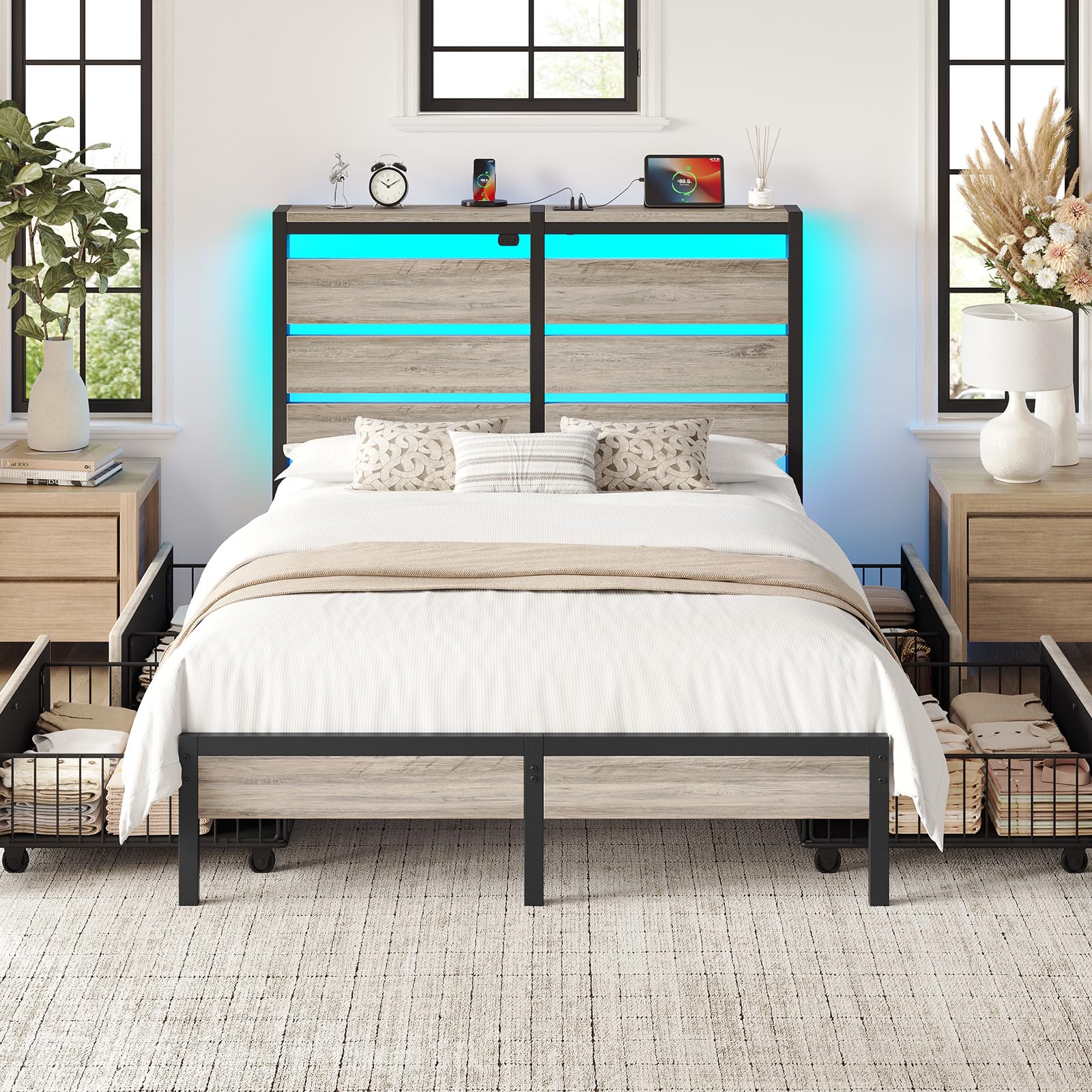 Rolanstar Full Size Bed Frame with 4 Drawers, LED Lights and Charging Station, Metal Platform Bed with Storage Headboard, Noise Free, Easy Assembly, No Box Spring Needed, Light Grey Image