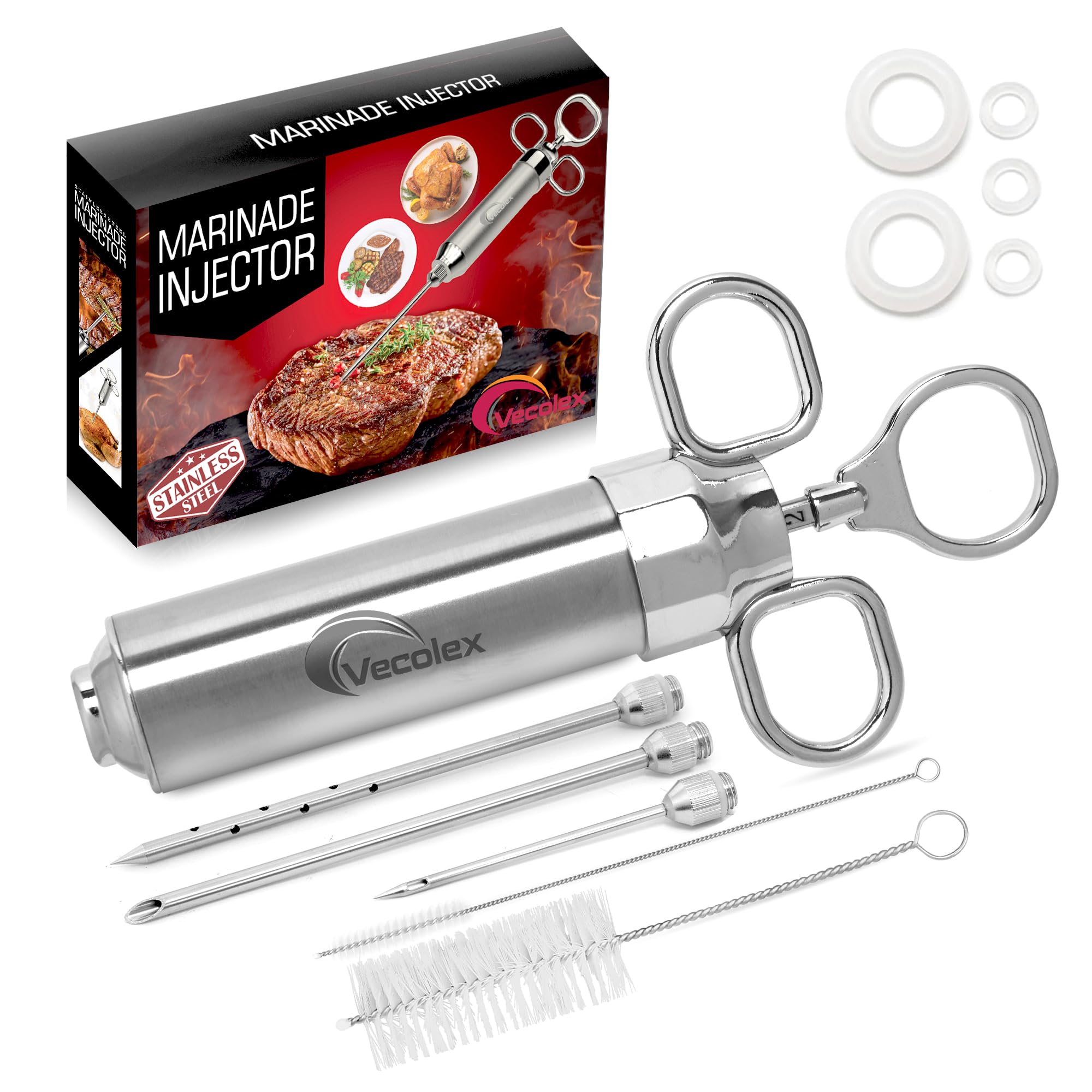 Photo 1 of Vecolex 304 Stainless Steel Meat Injector Syringe-2 Oz Turkey Injector for Smoking with 3 Needles 3 Brushes-Spare O Rings-Food Injector for BBQ,Turkey & Brisket (Stainless Steel)