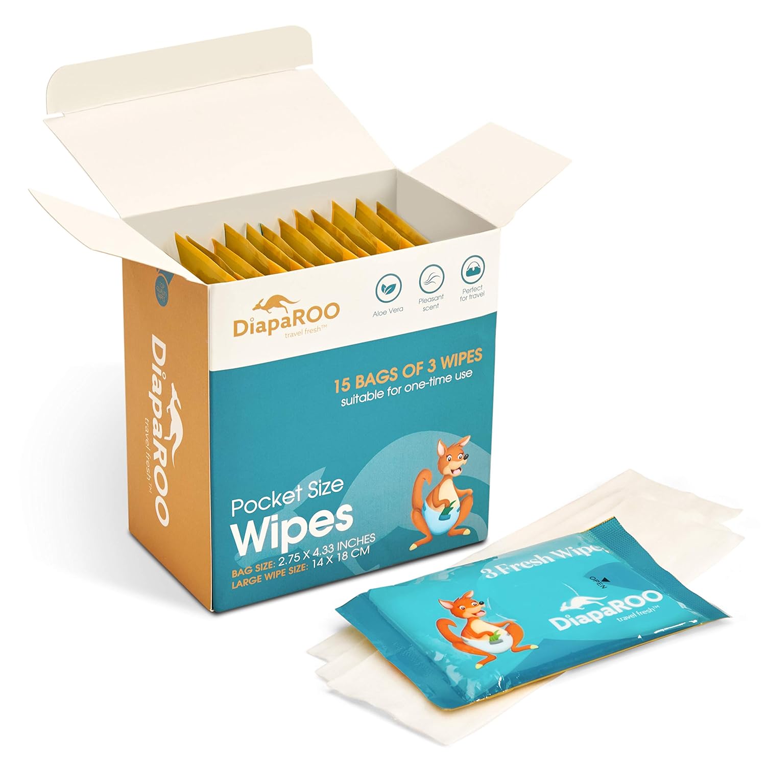DiapaROO Wet Wipes for Adults & Kids 15 Resealable Bags