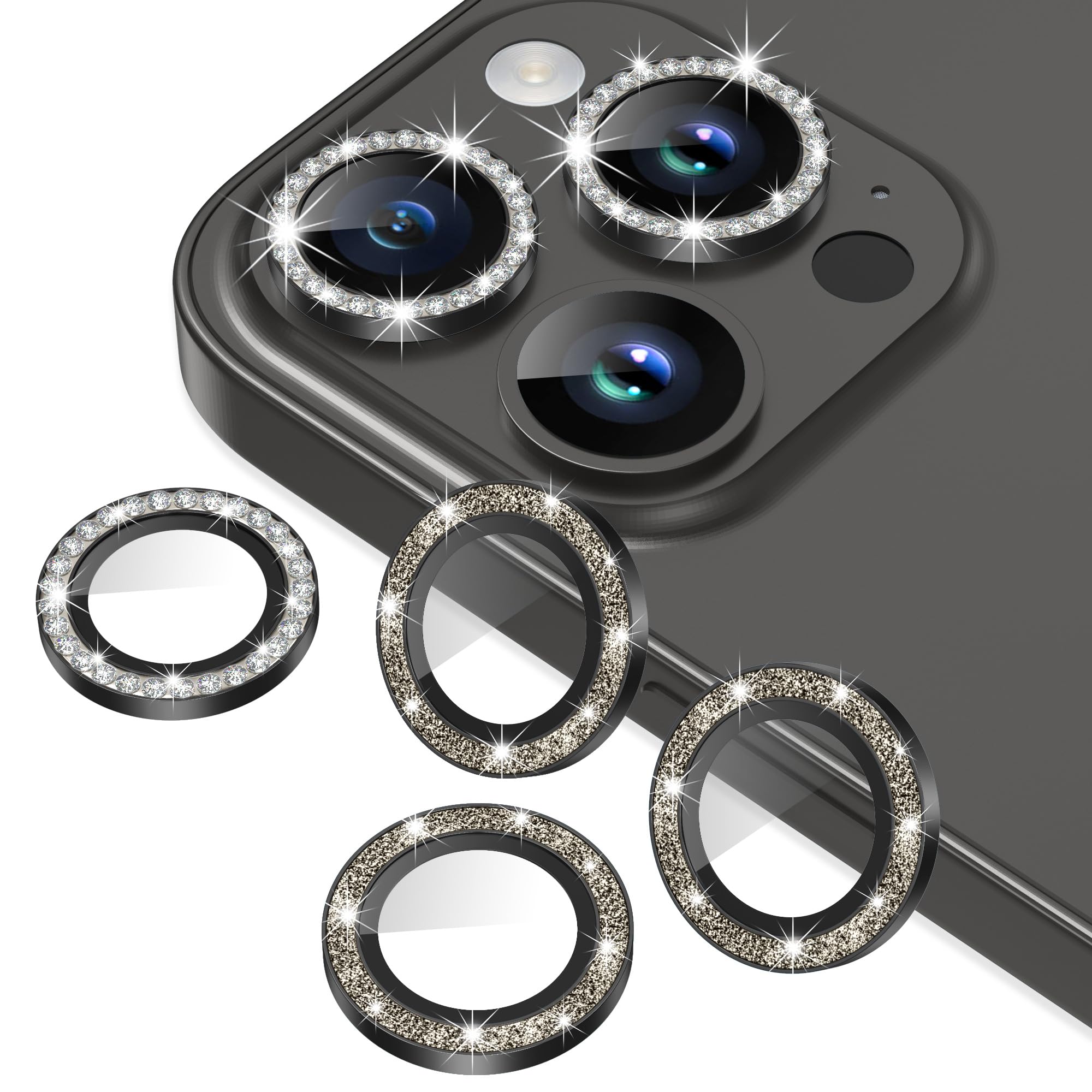Photo 1 of AGVEE 3+3 6 Pack for iPhone 15 Pro 6.1" / 15 Pro Max 6.7" Camera Lens Protector, Bling Diamond & Bling Glitter Metal Ring 9H Tempered HD Glass Camera Protector Cover Film, Bling-Black