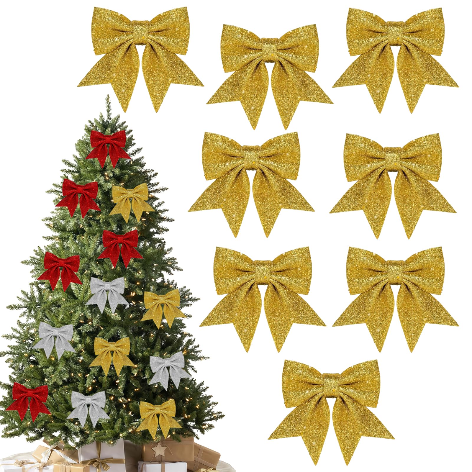 8 Pack Small Glitter Christmas Bows Gold,5.5inch Glitter Bows for Christmas Tree Decorations,Sequin Bow Ties Tree Wreaths Ornament for Home Xmas Party