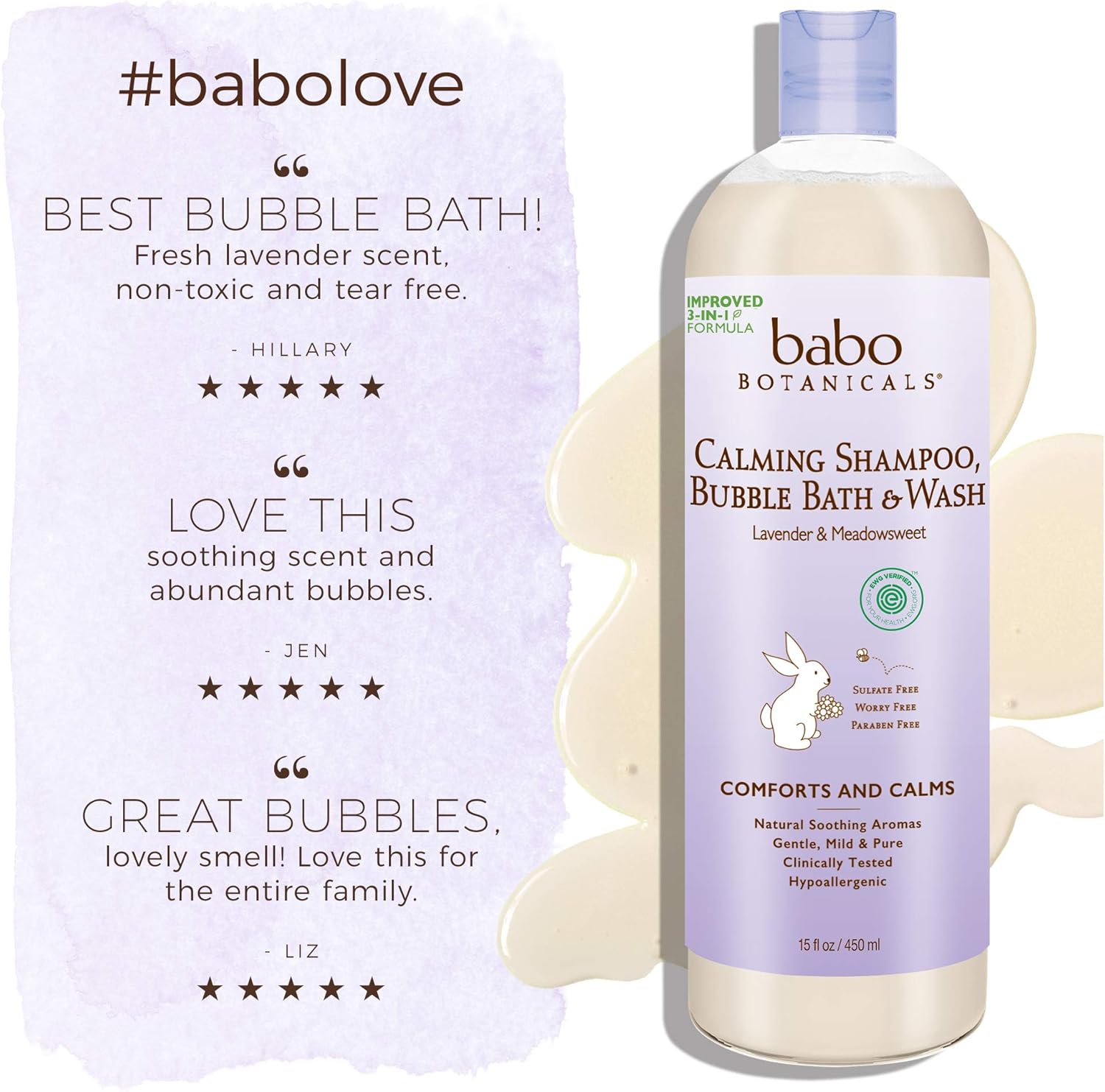 Babo Botanicals Calming 3-in-1 Shampoo, Bubble Bath & Wash with French Lavender and Organic Meadowsweet, Hypoallergenic, Vegan, For Babies and Kids - 15 oz.: Beauty