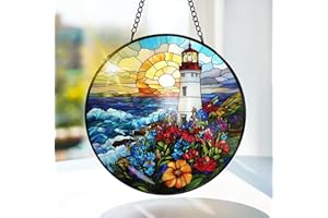 Bimkole Lighthouse Stained Glass Suncatcher Window Hanging - Landscapes Design for Indoor Window or Doorway Decoration - 7.87