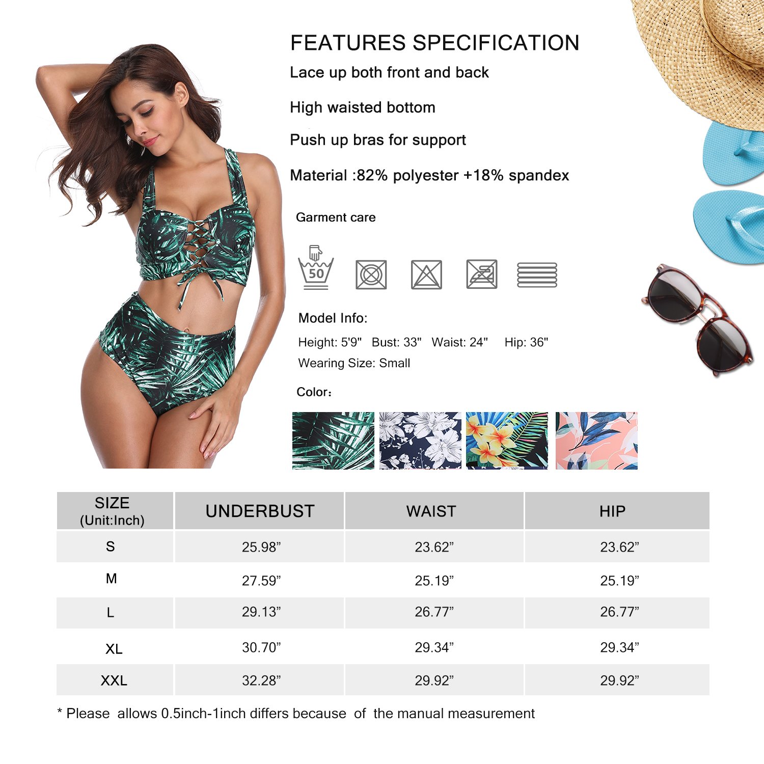 MarinaVida Women High Waisted Bikini Set Push up Two Piece Swimsuit