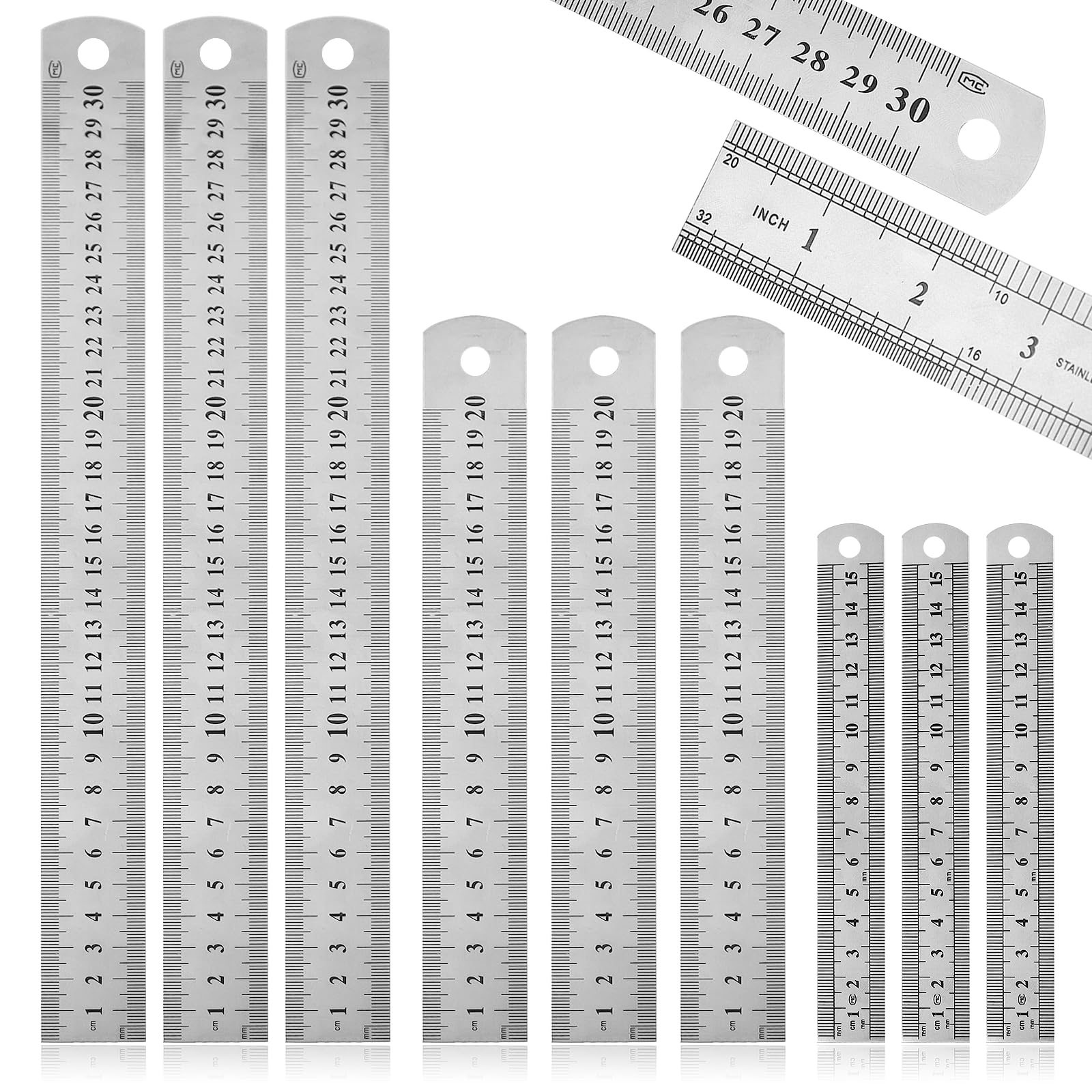 9 Pcs Stainless Steel Ruler Double Side Metal Ruler for Cutting Precision Straight Edge Measuring Tool for Engineering Teaching Home Office (15 20 30 cm)