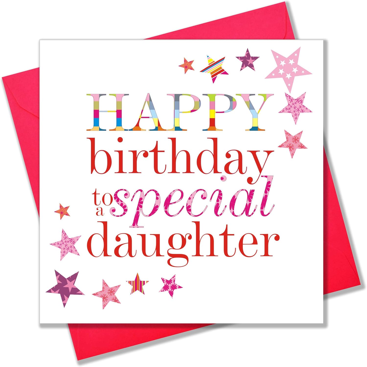 Claire Giles Greeting Cards, Happy Birthday Daughter Card, Pink Stars design Birthday Greeting Card, 150mm x 150mm