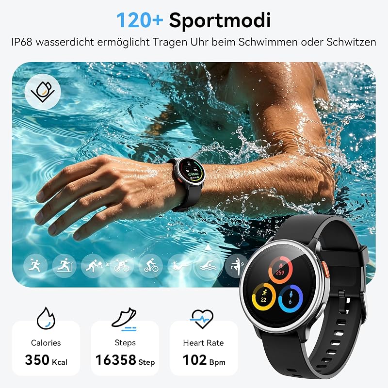 Smartwatch Herren Damen Rund, 1.27" Smart Watch mit Telefonfunktion/Whatsapp,Uhren Damen mit Pulsuhr Schlafmonitor Schrittzähler Uhr,120+ Sportmodi 3ATM Wasserdicht,Fitnessuhr für Samsung iOS Android