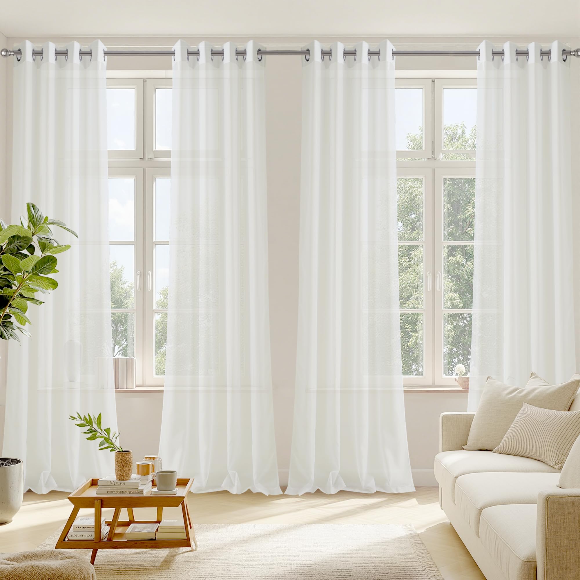 Photo 1 of RYB HOME Ivory Sheer Curtains, Light Filtering Elegant Solid Grommet Top Vertical Panels, Airy & Breathable Voile Sheer Drapes for Large Window, Living Room, Bedroom, 54W by 90L, Set of 4