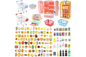 YANVITRIAL 139 Pcs Mini Shopping Cart Basket Miniature Food Drink Toy Supermarket, Miniature Dollhouse Furniture and Accessories,Grocery Store Pretend Play,Doll House Refrigerator Mini Fridge Toy Mini Food Set
