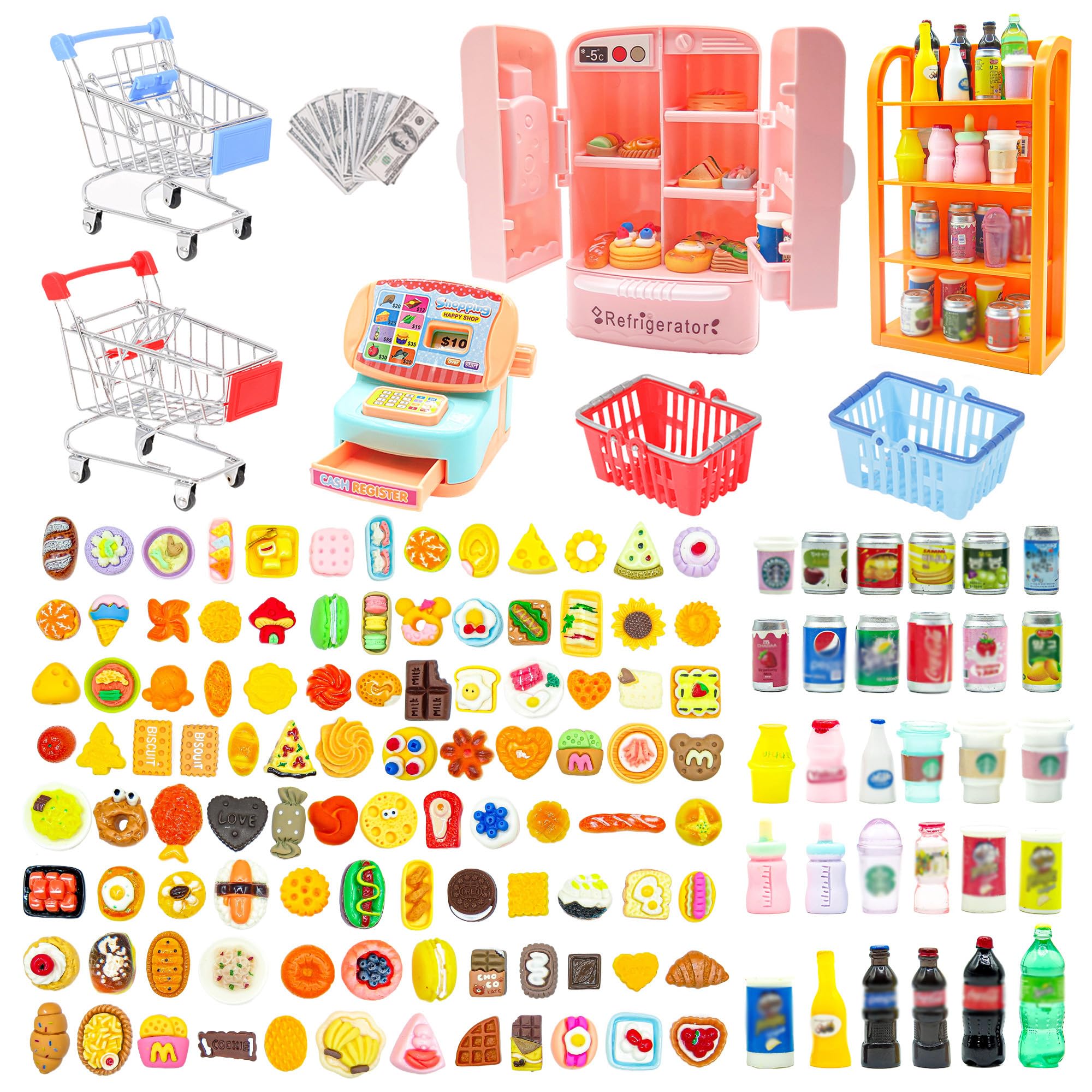 Photo 1 of 139 Pcs Mini Shopping Cart Basket Miniature Food Drink Toy Supermarket, Miniature Dollhouse Furniture and Accessories,Grocery Store Pretend Play,Doll House Refrigerator Mini Fridge Toy Mini Food Set
