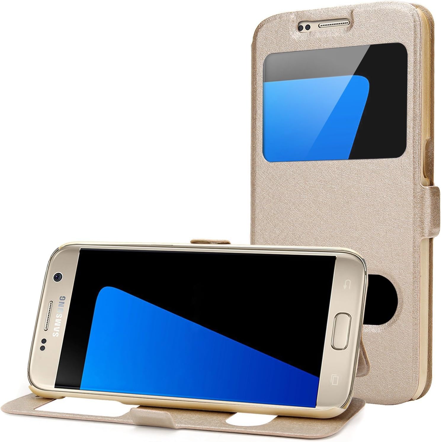 Danibos Samsung Galaxy S7 Leather Case, Samsung Galaxy S7 Ultra Slim Leather Flip Case,with View Window, Magnetic Closure for Samsung Galaxy S7 (Champagne Gold)