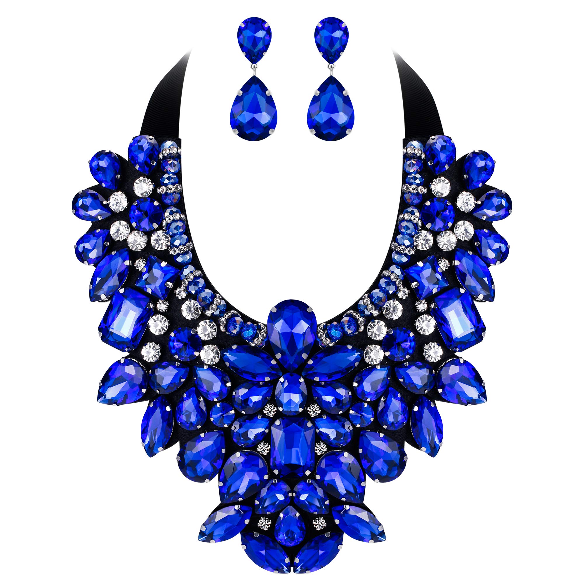 Ever Faith Costume Jewelry for Women, Blue Rhinestone Crystal Chunky Collar Statement Necklace Earrings Set