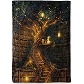 coedoaes Fantasy Book Tree Fleece Blanket,50x60in,Magical Library with Glowing Lanterns and Staircase Throw Blankets,Soft Cozy Lightweight, Ideal for Bed Living Room Home Romantic Decor,Women Gifts