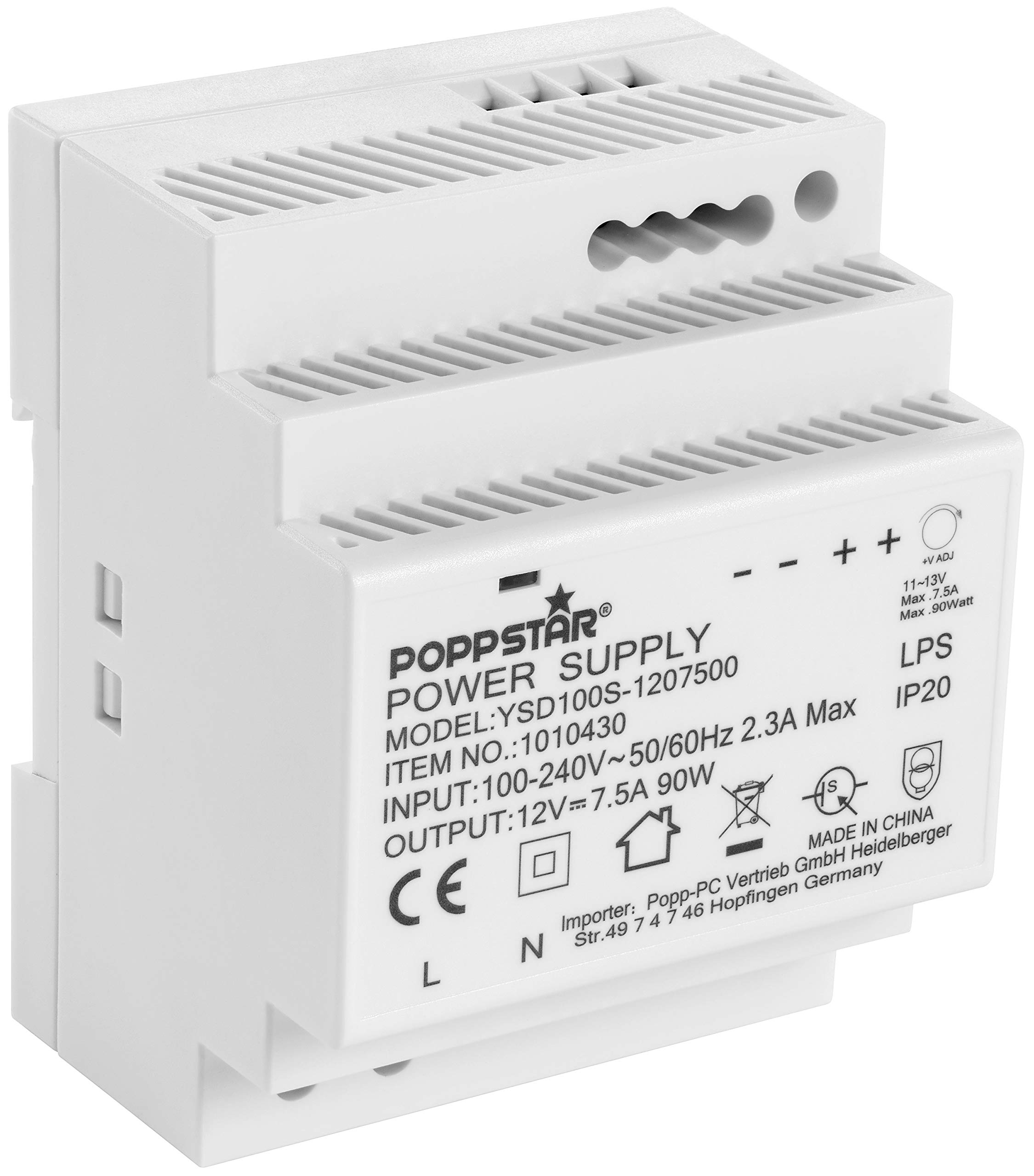 Poppstar DIN Rail Power Supply output 12 V DC 7.5 A 90 W (input 100-240 V AC 50/60 Hz) dinrail transformer 70 * 90 * 58mm, white