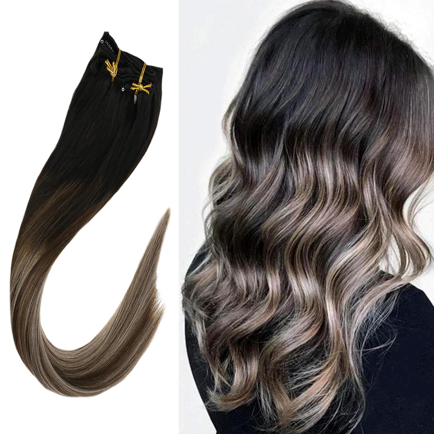 Youngsee 24inch Hair Extensions Clip In Human Hair Ombre Natural Black Fading To Dark Brown With Ash Blonde Hair Extensions Clip Ins 120g 7pcs