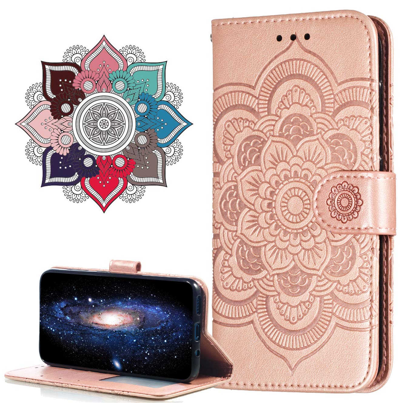 MRSTER Flip Case for Xiaomi 10T Lite PU Leather Wallet Closure Embossed Shockproof Cover with Kickstand Card Slots Holder for Xiaomi Mi 10T Lite 5G. LD Mandala Rose Gold