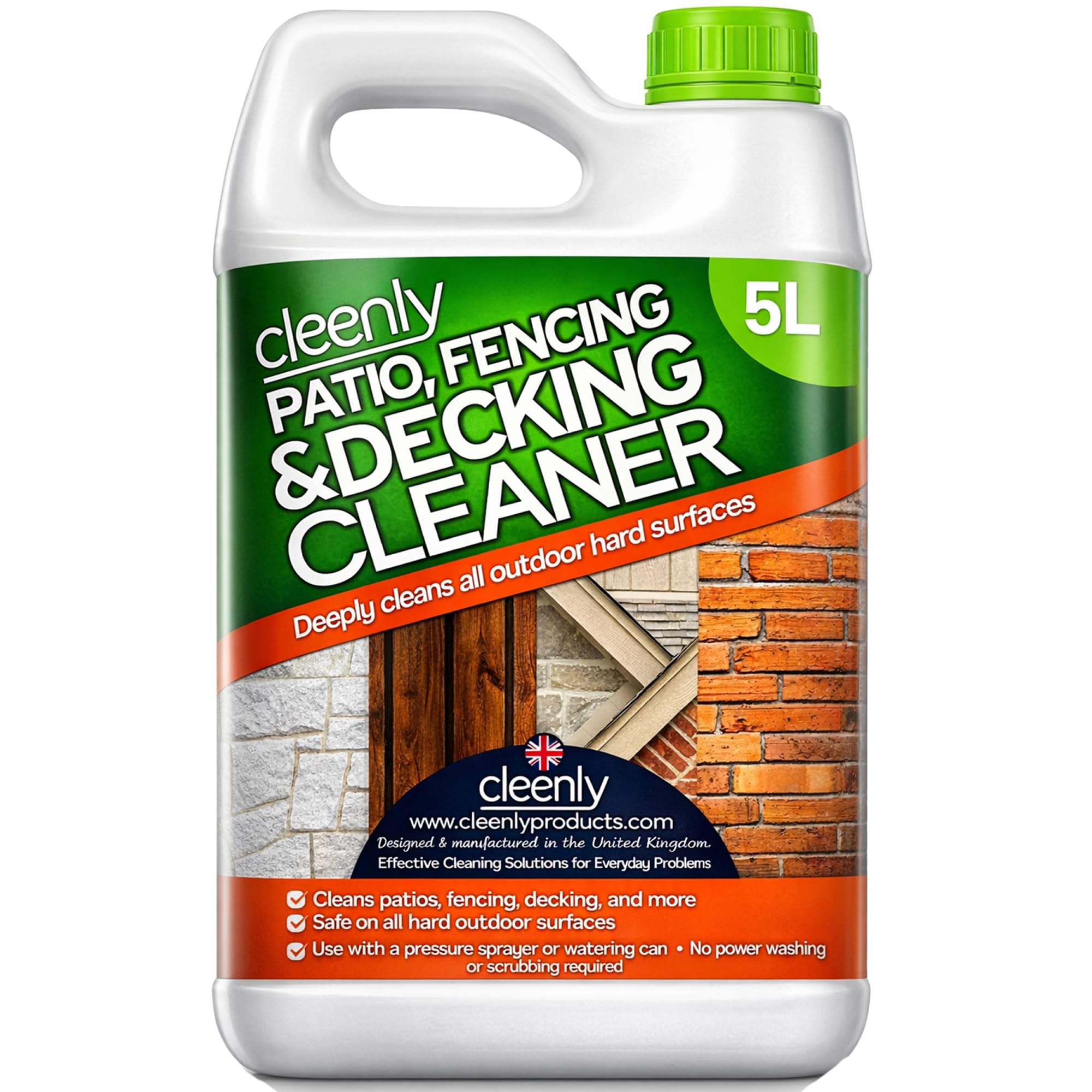 Cleenly Patio Fencing & Decking Cleaner Removes Dirt Green Mould Moss Algae Fluid Concentrate for Outdoor Use Pet Friendly Simply Spray(5 Litres)