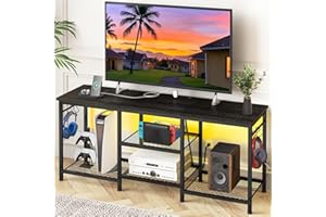 YGEOMER Black TV Stand Entertainment Center for 55 Inch TVs, with Charging Station and Lights Open Storage Shelves, TV Media Console, Open Storage Shelf with Sound Rack for Living Room, Bedroom