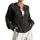 QWINEE Women's Crochet Cardigan Sweater Lightweight Cardigan Hollow Out Sweater Long Sleeve Button Down Knit Top