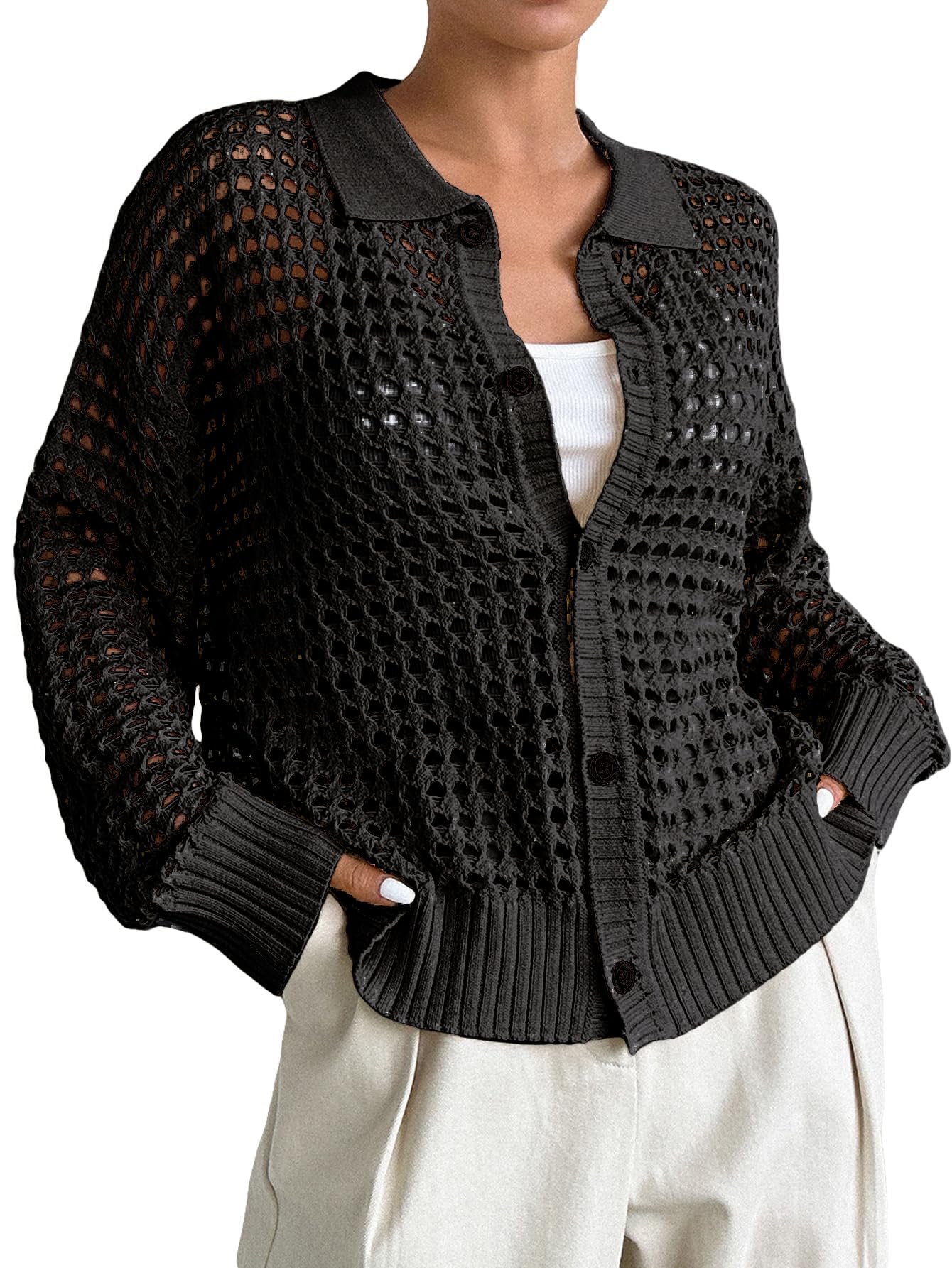 Photo 1 of QWINEE Women's Cardigan Sweater Crochet Hollow Out Cardigan Long Sleeve Collar Neck Lightweight Sweater Button Front Knit Top Black X-Large