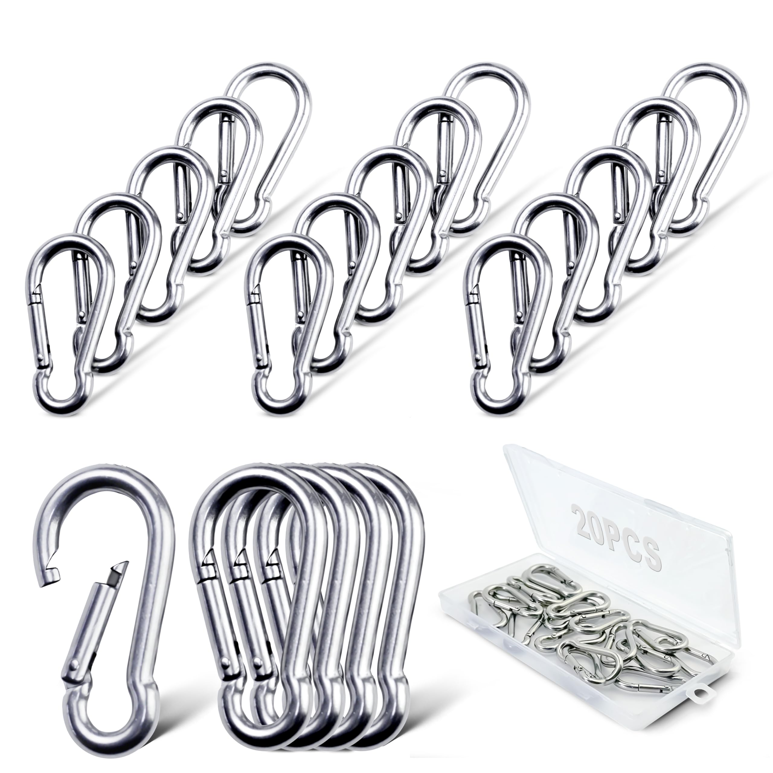 Photo 1 of 20PCS 304 stainless steel spring clasp 1.57-inch carabiners, M4 stainless steel spring snaps heavy-duty hooks. Suitable for pet tags hiking tents swing brackets as well as ropes, chains and key rings.