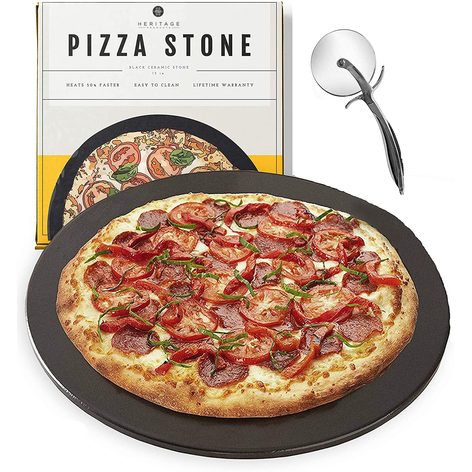 Heritage Pizza Stone, 15 inch Ceramic Baking Stones for Oven Use - Non-Stick, No Stain Pan & Cutter Set for Gas, BBQ & Grill - Kitchen Accessories & Housewarming Gifts w/Bonus Pizza Wheel - Black