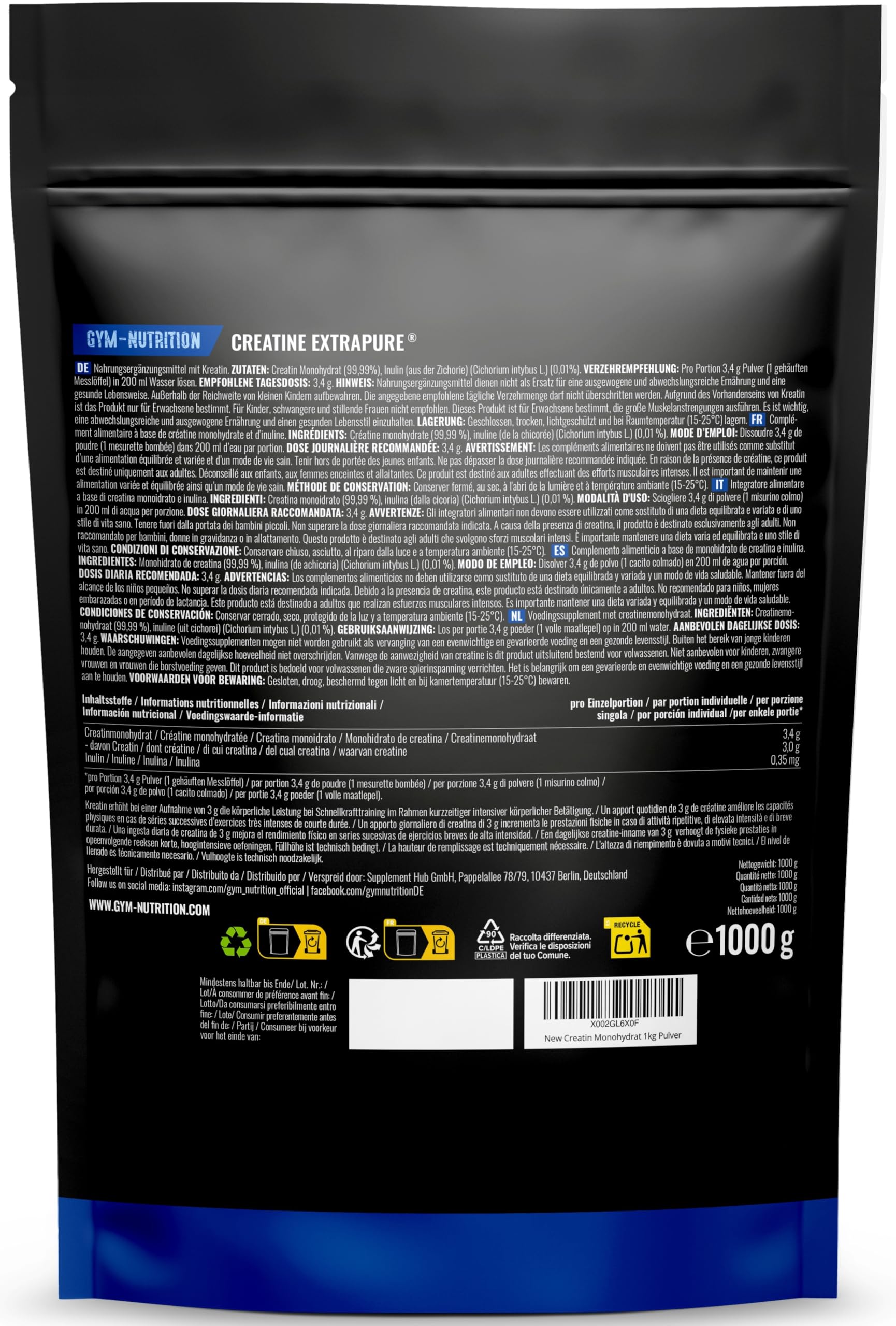 Creatin Monohydrat Pulver 1kg / 1000g - Ultra Reines Kreatin Monohydrat mit Inulin - Hochdosiert - Extrapure Creatine Monohydrat - Creatin Pulver Monohydrate - Vegan Jahresvorrat 3