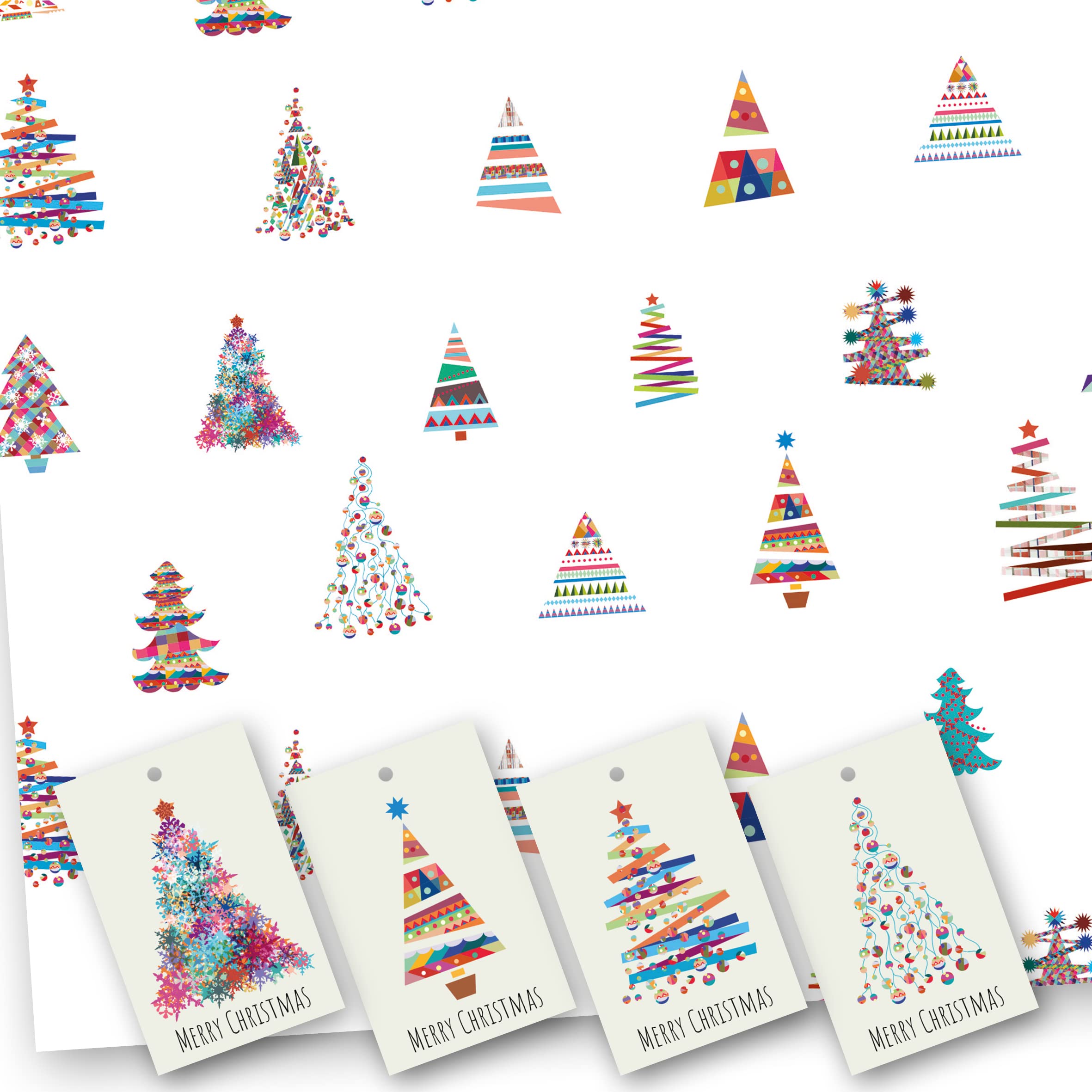 Christmas Wrapping Paper. 8 XL Sheets (50 x 70cm). Colourful Tree design. Gift Wrap with matching Tags. Cutting grid on reverse. — image 1