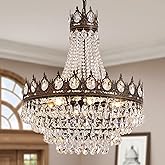 WECHAET Vintage Crystal Chandeliers for Dining Room Light Fixture, 9-Light Antique Bronze French Empire Chandelier for Foyer Entryway Kitchen Island Living Room, D24″ x H27″