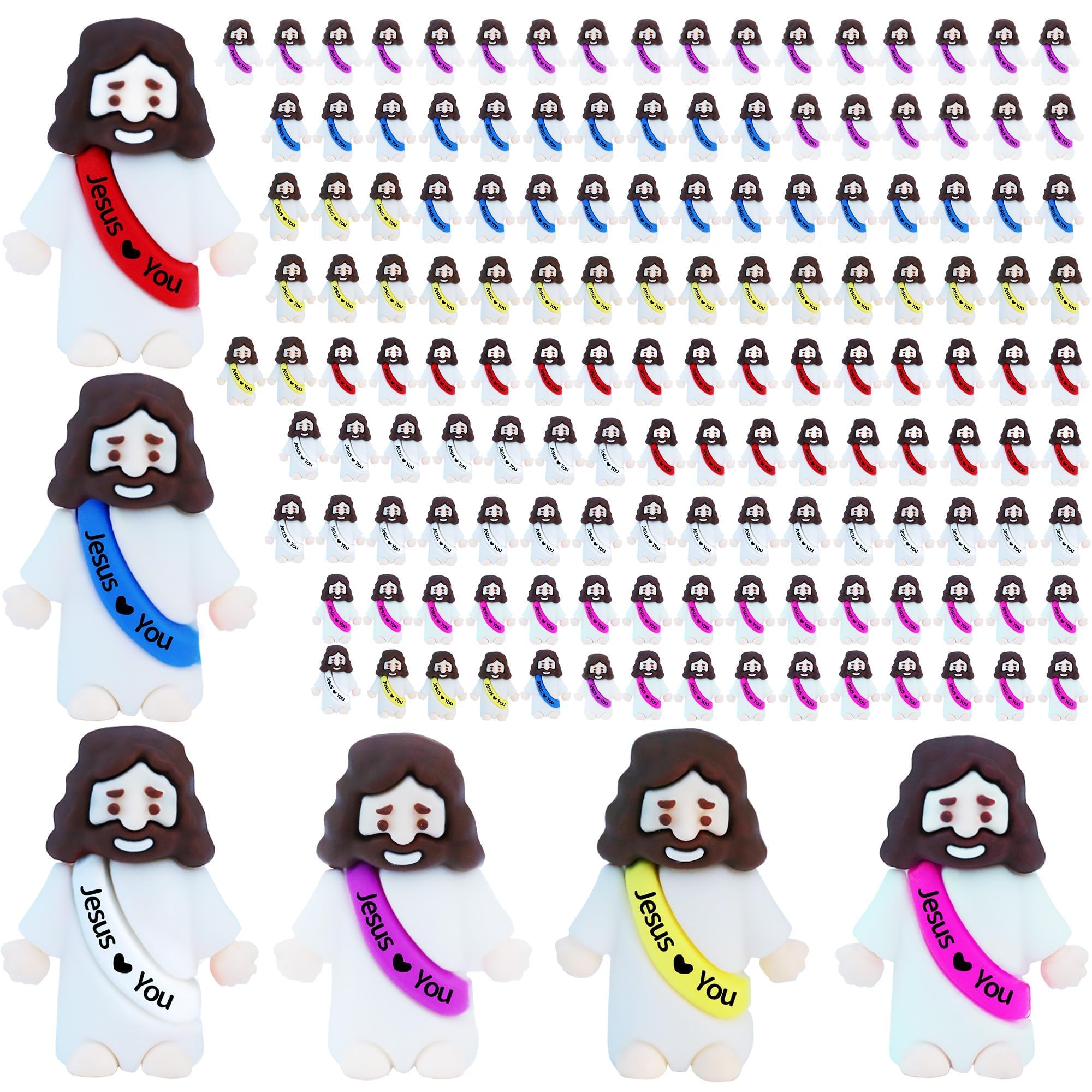 ILHSTY 150 Pcs Little Jesus Figures – Mini Rubber Jesus Toys Jesus Love You for Easter Egg Fillers Egg Hunts Religious Party Favors Gifts Hide and Seek Baptism Gifts Sunday School (6 Color)