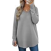 Oakgarden Women's Long Sleeve Waffle Knit Tops V Neck Curve Hem Long Shirts with Thumb Hole Oversized Casual Tunic Fall Shirt