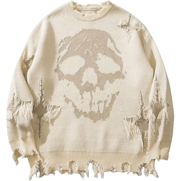 BEAUDRM Men's Skull Graphic Gothic Sweater Y2K Grunge Ripped