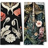 ArtisaEura Moody Floral Moth Dragonfly Kitchen Towels Set of 2, Dark Cottagecore Botanical Dish Tea Towels for Kitchen Decor, Dark Academia Flowers Hand Towels for Bathroom Decor, 16x24 Inch