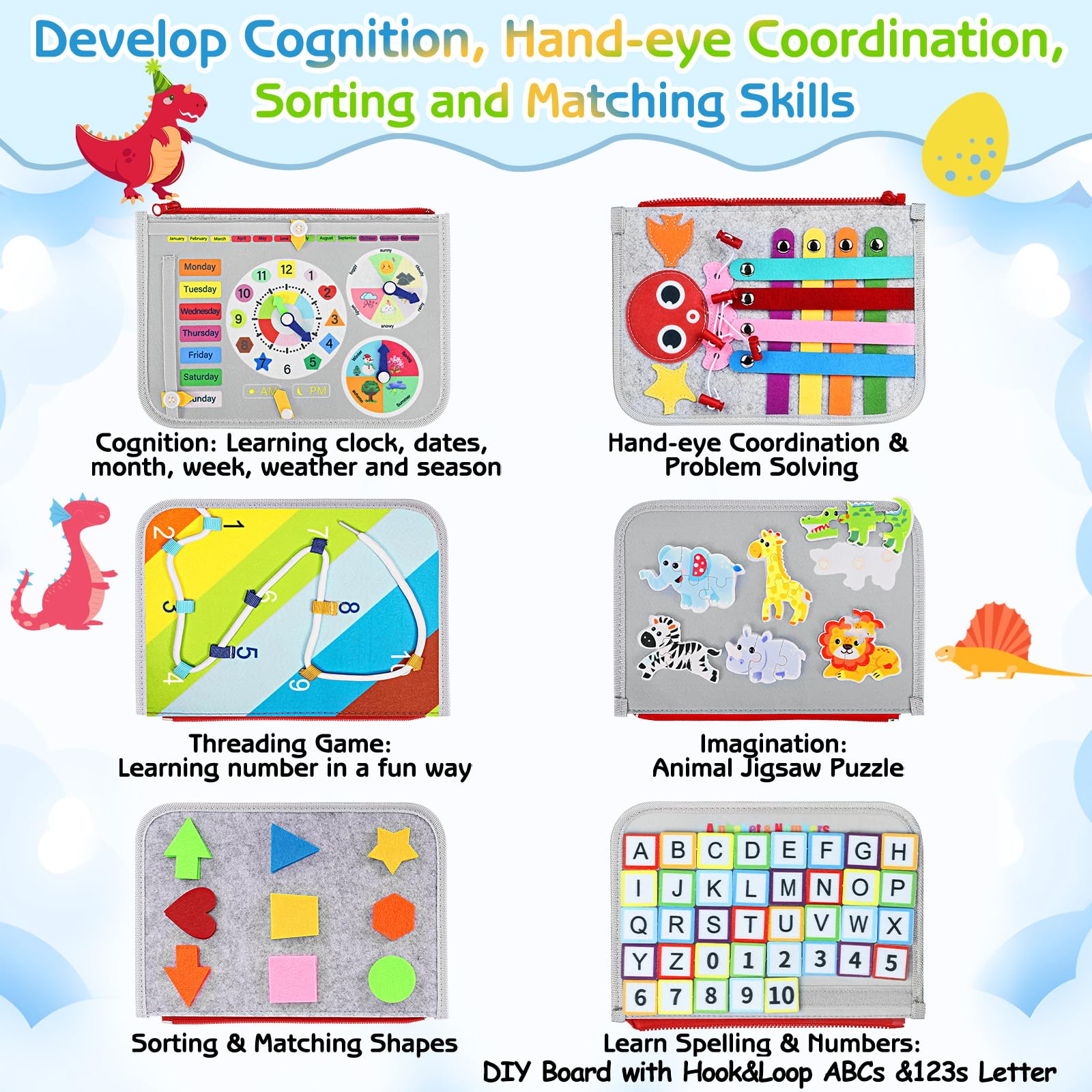 Esjay Toddler Busy Board Montessori Toys for Boys Girls, Sensory Board Educational Activities for Learning Fine Motor Skills, Birthday Gifts for Toddlers, Travel Toys for Airplane Car,Grey Dinosaur