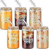 Sumind 6 Pcs Teacher Appreciation Gifts 16 oz Teacher Glass Cups with Lids and Straws Reusable Can Shaped Drinking Cups Thank You Gifts for Teachers Women Daycare Preschool