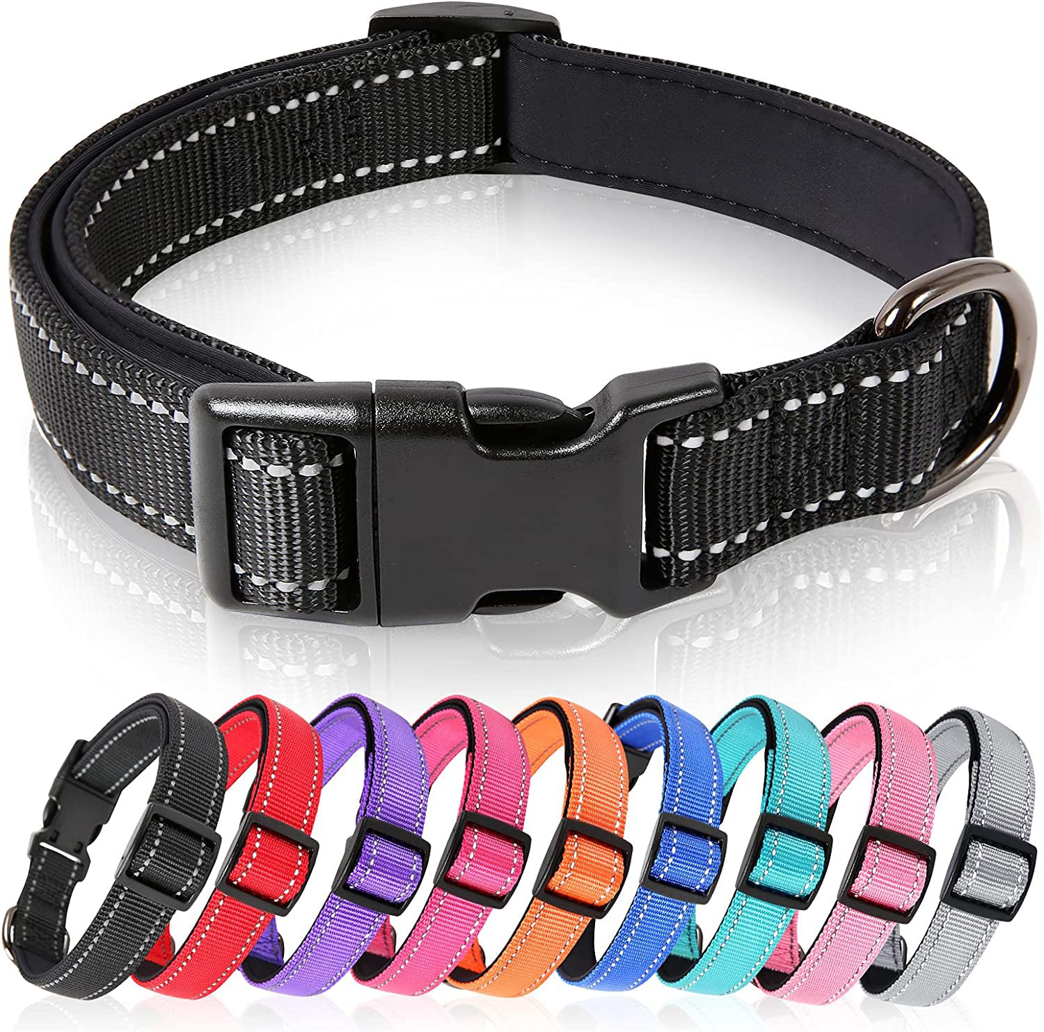 HEELE Dog Collar, Reflective Dog Collar, Soft Neoprene Padded Breathable Nylon Pet Collar Adjustable for Large Dogs, Black, L(40-66cm)