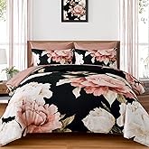 Dobuyly Black Queen Comforter Set 7 Piece Bed in a Bag, Pink Floral Printed on Black Comforter Set with Sheets, Soft Microfiber Botanical Flower Bedding Set for All Season