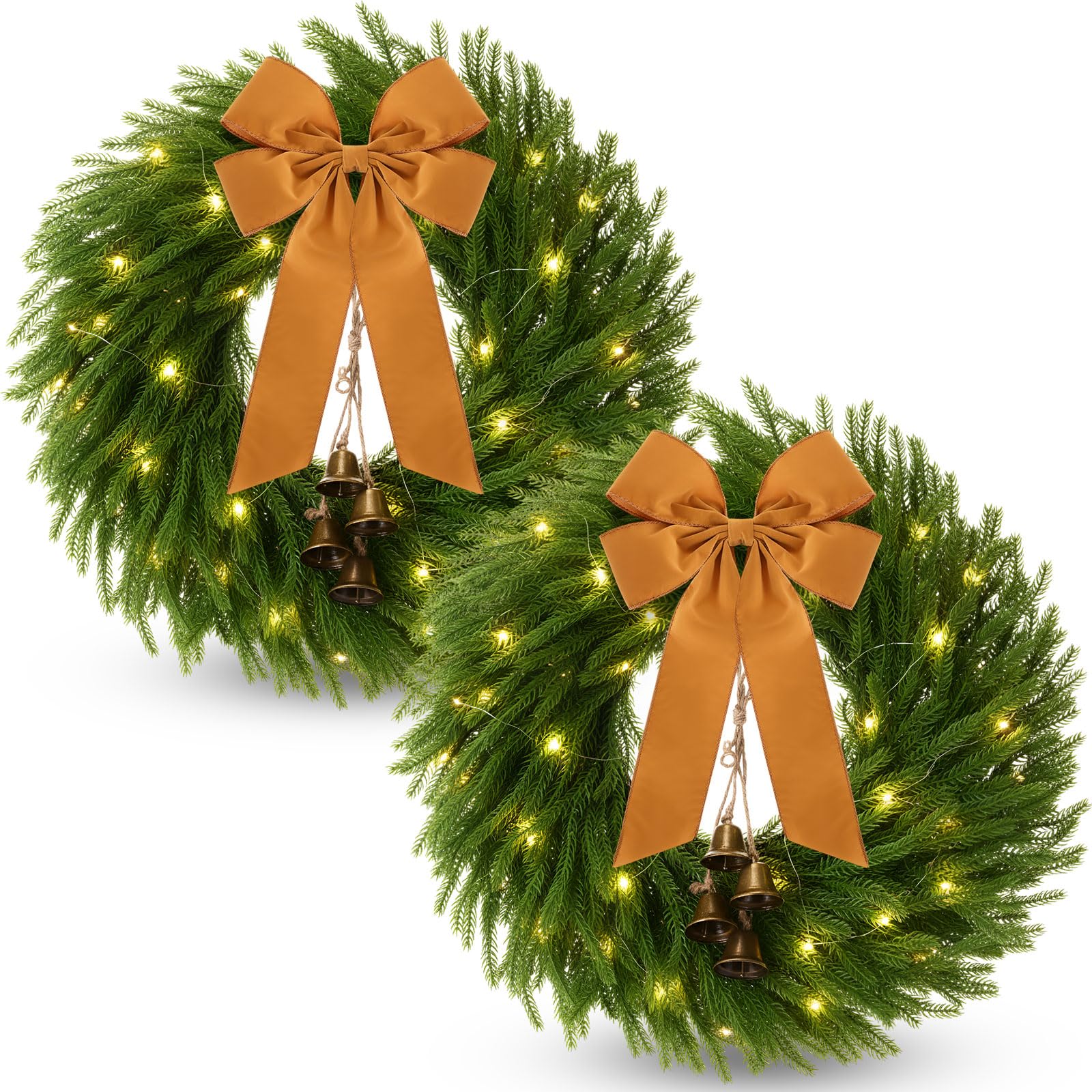 Photo 1 of Daifunli 2 Pack 22 Inch Pre-Lit Christmas Wreath Norfolk Pine Wreath with Velvet Bow and Bells Realistic Greenery Holiday Decoration for Front Door Indoor Outdoor Christmas Decor(Camel)
