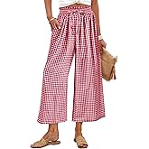 ANRABESS Womens Striped Gingham Palazzo Capri Pants Pajama Wide Leg Lounge Trousers Plaid Cute Crop PJ Bottoms with Pockets