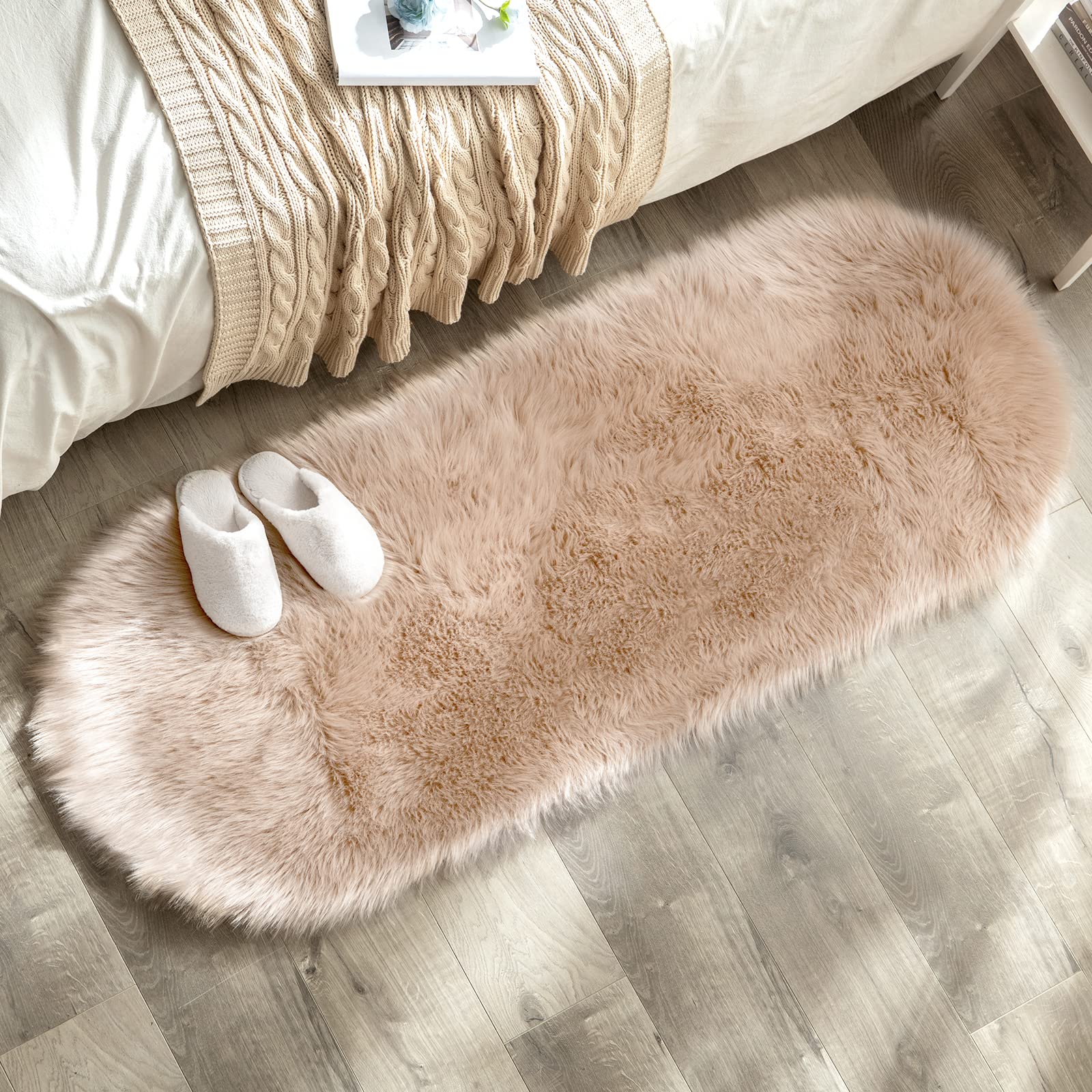 MIULEE Faux Fur Area Rugs Sheepskin Rugs Faux Fluffy Mat Fleece Chair Cover Seat Pad Soft Shaggy Area Mat for Bedroom Sofa Floor 60 x 160cm Oval Shape Light Tan