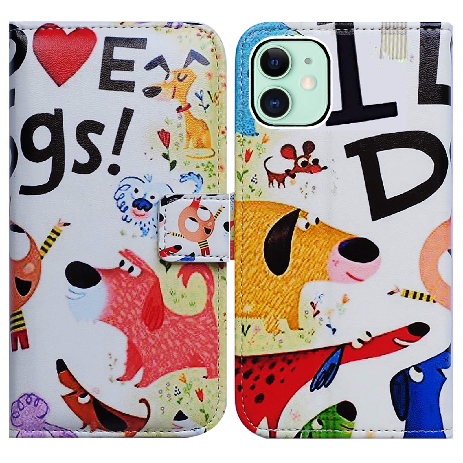Bcov iPhone 13 Case, Colorful Cute Dogs Leather Flip Phone Case Wallet Cover with Card Slot Holder Kickstand For iPhone 13
