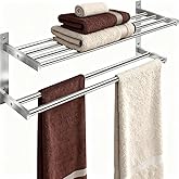 Towel Racks for Bathroom 24 inch, 2 Tier Bathroom Shelf with Double Towel Bar, Stainless Steel Wall Mounted Towel Rack with Shelf for Bathroom Towels Storage, Brushed Nickel