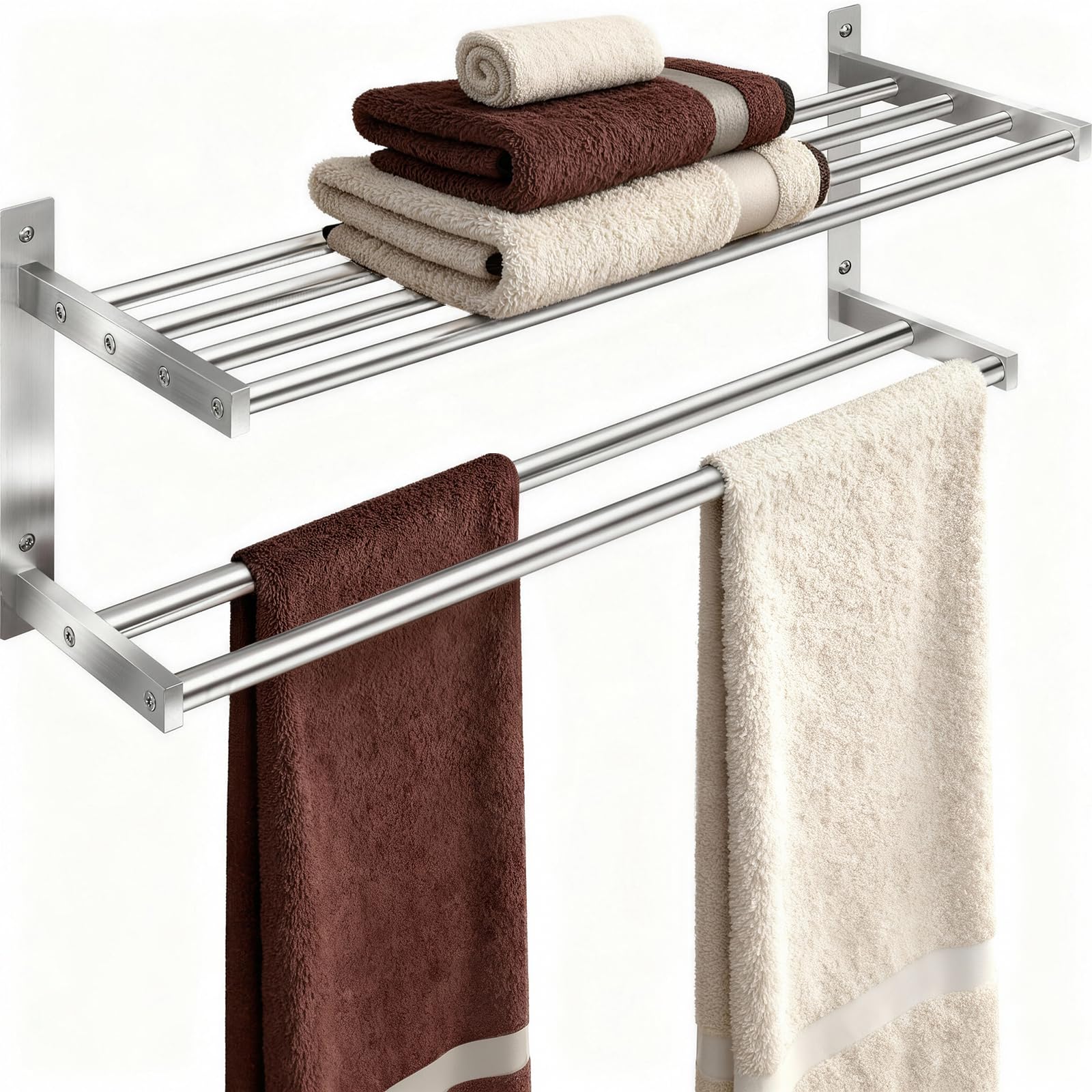 Photo 1 of Towel Racks for Bathroom 24 inch, 2 Tier Bathroom Shelf with Double Towel Bar, Stainless Steel Wall Mounted Towel Rack with Shelf for Bathroom Towels Storage, Brushed Nickel