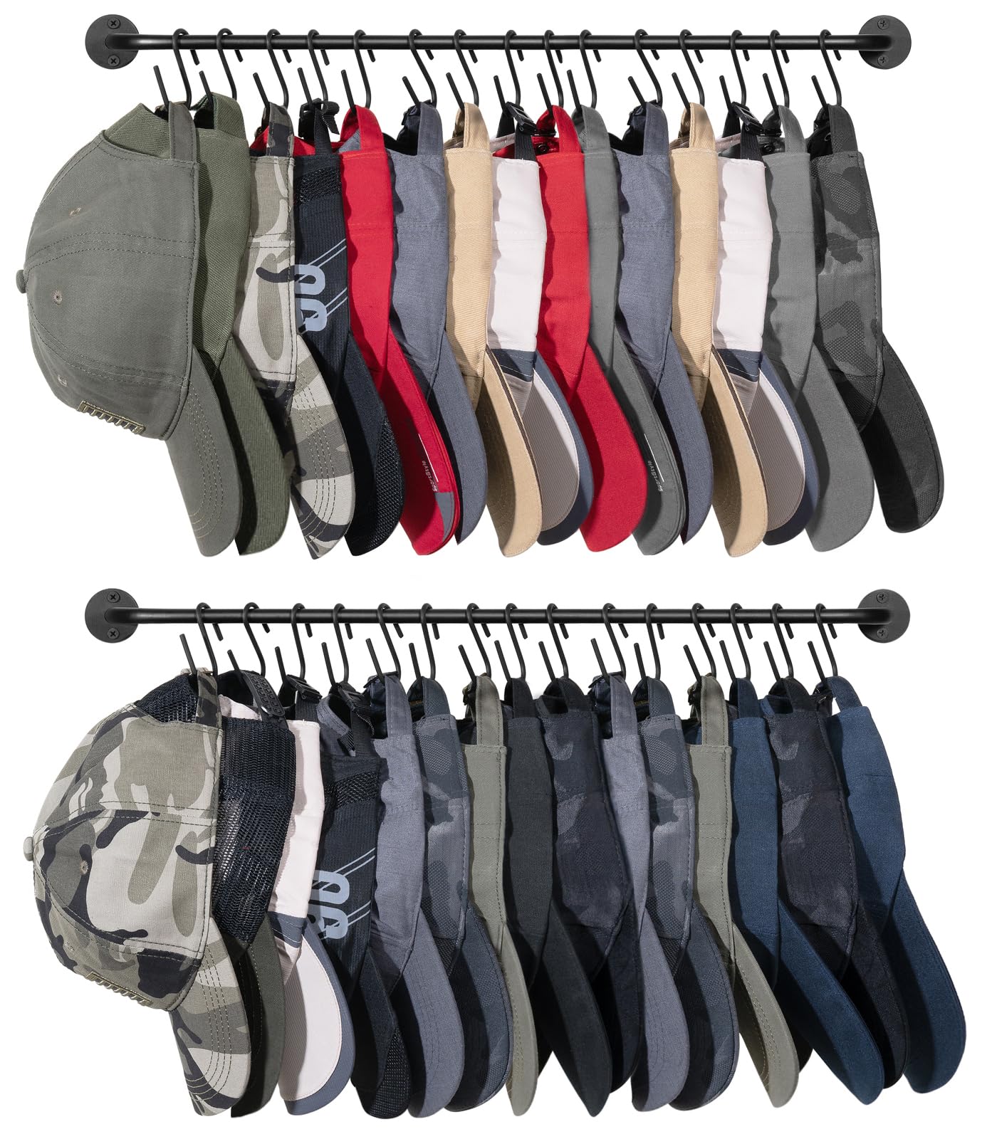 Mkono Hat Rack for Wall Baseball Cap Organizer Hanger with 30 Hooks Modern Metal Hat Holder Wall-Mounted Caps Display for Closet Door Bedroom Entryroom Laundry, Set of 2 (Black, Medium)