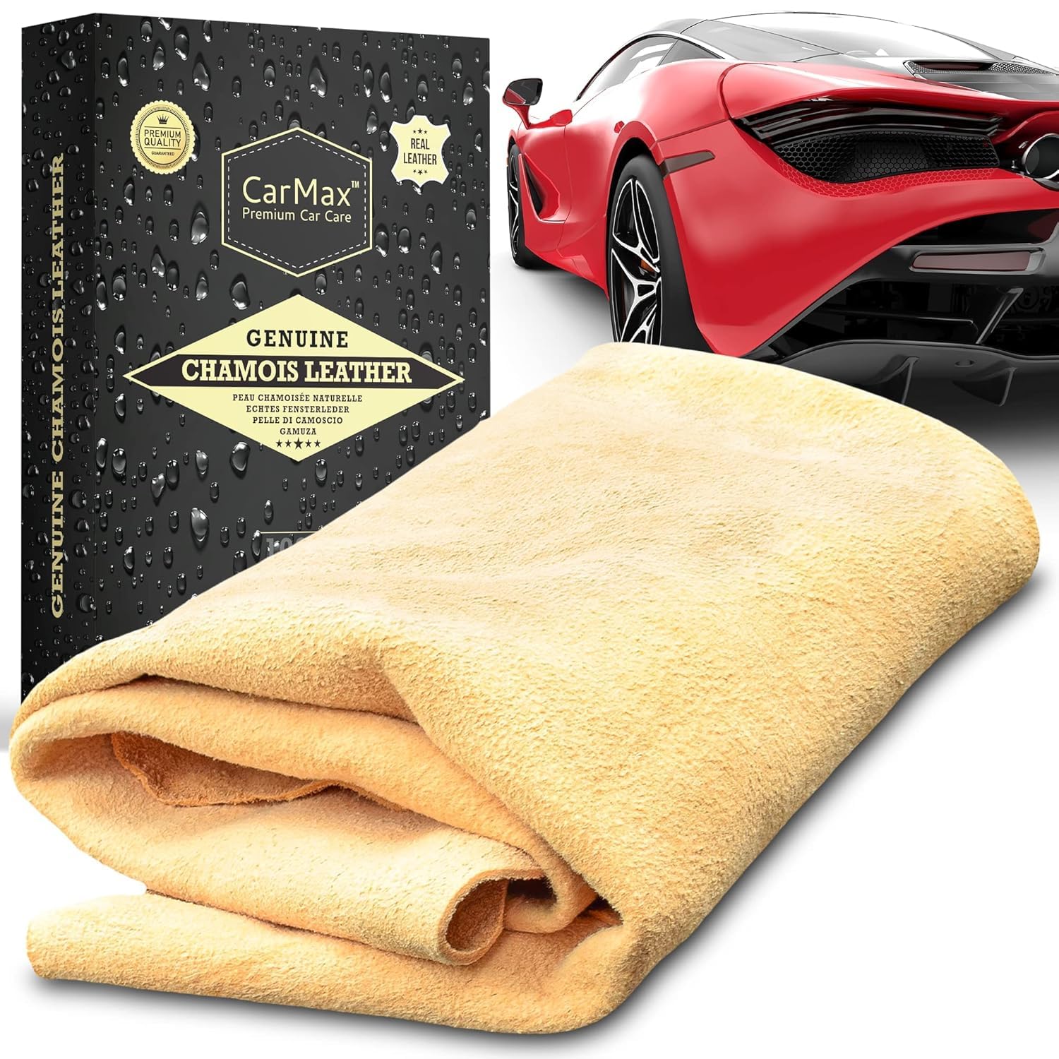 CarMax® English Premium Grade Extra Large Chamois Leather - the ideal shammy for drying off large cars and SUVs, glass, mirrors, inside and out, super soft and highly absorbent, from the UK