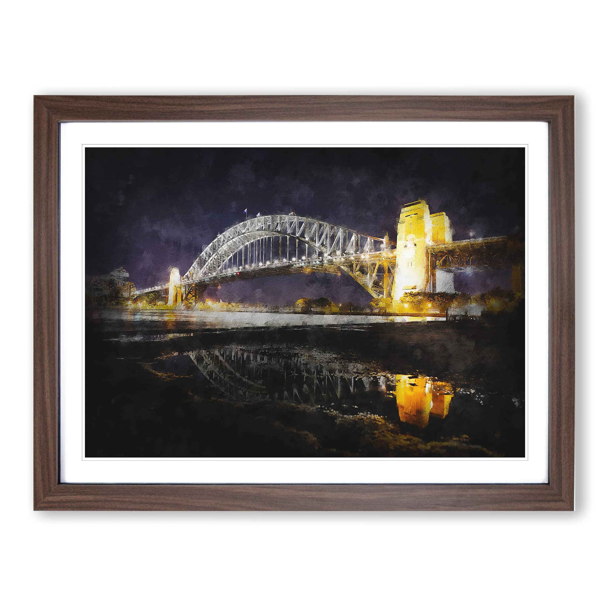 Sydney Harbour Bridge Australia Painting Modern Art Framed Wall Art Print, Ready to Hang Picture for Living Room Bedroom Home Office Décor, Walnut A4 (34 x 25 cm)